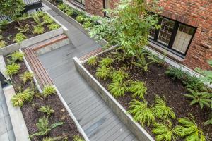 courtyard garden with benches and wooden walkway